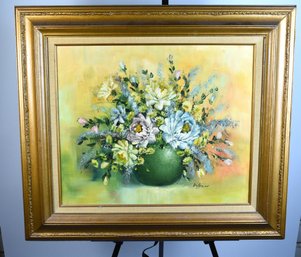 'grand Bouquet' Portrait Painting Oil On Canvas In Wood Frame Signed R LEON