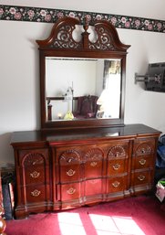 Long Wood Dresser With Decorative Inlay & Mirror