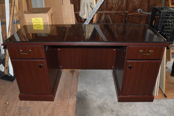 Wood Pedestal Desk With Glass Top