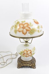 Hand Painted Flowers On Milk Glass Hurricane Lamp With Metal Base