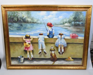 'children Fishing' Signed By J. Honiston Oil On Canvas Painting In Gold Frame
