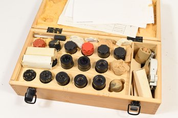 Lot Of Microscope Objectives & Eyepieces W/ Wooden Case - 18 Total