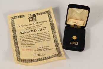 $20 22kt. Gold Piece Minted By The Historic Providence Mint With Certificate Of Authenticity