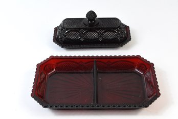 AVON 1876 Cape Cod Collection Ruby Red Butter Dish & Serving Tray - 2pcs Total