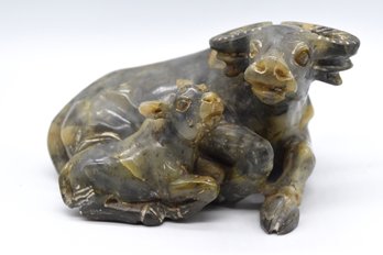 Absolutely Stunning Wayer Carved Soapstone Statue Sculpture 'buffalo & Calf'