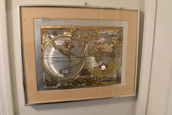 Foiled Print Of World Map & Sailing Scenes In Aluminum Frame
