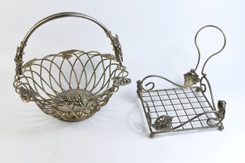 Godinger Wire Basket & Napkin Holder Both Decorated In Grape Decor