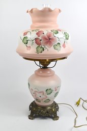 Pink Floral Decorated Hurricane Table Lamp With Metal Base
