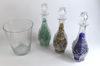 Cut Glass Decanters With Colored Beads & Ice Pale Bucket Glass - 4pcs Total