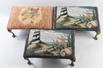 Decorated Floral & Lighthouse Footrests Ottomans - 3 Total