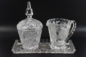 Cut Glass Floral Design Lidded Sugar Bowl & Creamer With Serving Tray - 3pcs Total