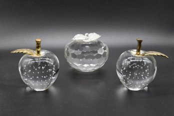 Glass Apple Paperweights With Brass Accents & Cut Crystal Apple - 3pcs Total