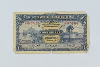 1943 Trinidad & Tobago $1 Banknote Rare WW 2 Issue