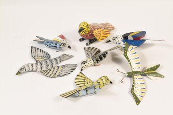 Painted Tin Yard Ornaments Colorful Birds - 7 Total