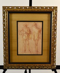Jean-Antoine Watteau 'Two Gentlemen Jacomet' Print Of Sketch Drawing Framed Behind Glazing With Silk Matting