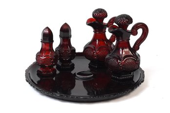 AVON 1876 Cape Cod Collection Ruby Red Salt & Pepper Shakers Cruet Bath Oil With Serving Platter - 5pcs Total