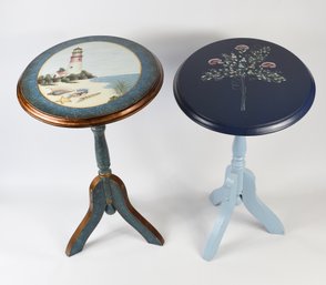 Folding Wood Side Tables Painted In  Floral & Lighthouse Decor - 2 Total