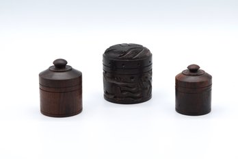 Trio Of Wooden Spice Jars Vessels With Screw On Tops - 3 Total