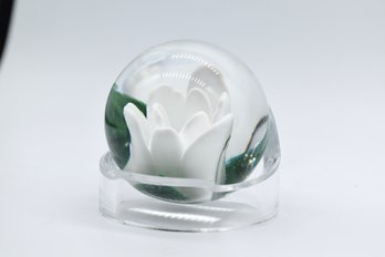 White Lotus Flower Lampworks Hand Made Art Glass Round Paper Weight On Plexi Stand Signed SLCAG 97' (Lundberg)