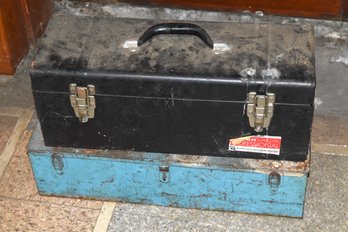 Pair Of Tool Boxes With Assorted Tools Sockets Wrenches & Hardware Toolbox