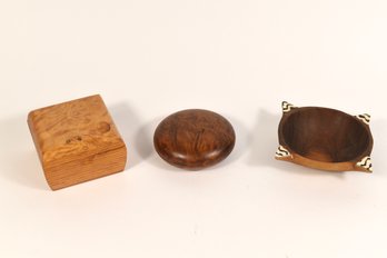 Wooden Bowl & Decorative Storage Boxes - 3 Total