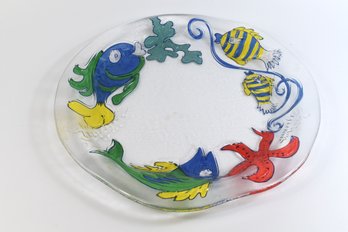 Glass Serving Tray Decorated With Colorful Cartoon Fish Sea-life