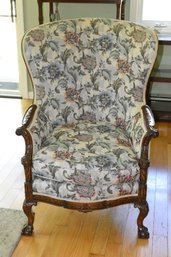 Victorian High Backed Upholstered Armchair With Extremely Detailed Wooden Arms & Legs