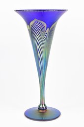 Stunning Iridescent Cobalt Blue With Multicolored Feathering Signed By Steven Correia Art Glass Vase