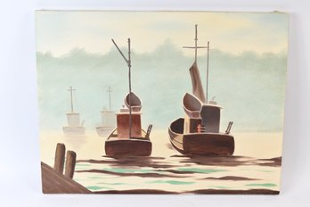 Harbor Boats Painting On Stretched Canvas