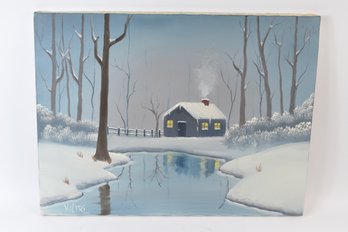 Winter Cottage Painting On Stretched Canvas Signed Veltri