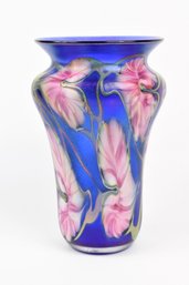 John Lotton Cobalt Blue Hand Blown Multi Floral Art Glass Vase Signed & Dated 1994