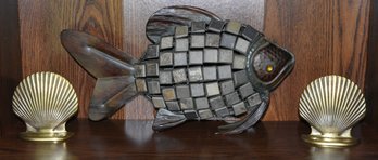 Metal & Tiled Goldfish With Brass Seashell Bookends - 3pcs Total