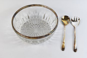Glass Serving Bowl W/ Silvered Rim & Silver Plated Spoons - 3pcs Total