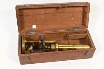 Antique Brass Compound Microscope With Wooden Storage Case