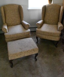 Pair Of Plush Arm Chairs & Ottoman - 3pcs Total