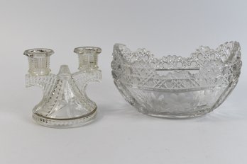 Glass Candle Holder & Glass Candy Dish - 2pcs Total