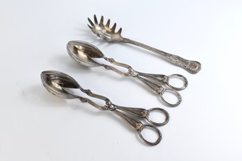 Gorham Heritage & Sheffield Silver Plated Salad Tongs & Fork - 3 Total