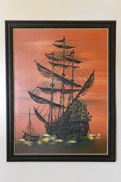 Pirate Ship Under Orange Skies Vintage Painting On Panel Framed