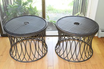 Pair Of Round Wicker Side End Tables - 2 Total