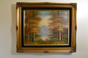 Lake Forest Painting On Panel In Decorative Gold Toned Frame