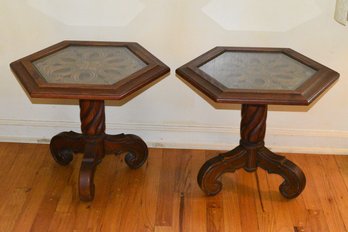 Pair Of Hexagon Wood Pedestal Tables With Glass Top - 2 Total