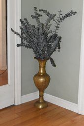 Large Etched Brass Urn With Faux Flowers