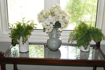 Ceramic Flower Vases With Faux Plants - 3 Total