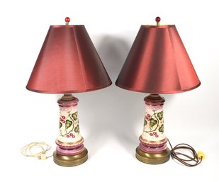 Pair Of Floral Decorated Table Lamps With Brass Base