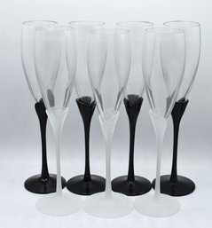 Tulip Stem Wine Glasses Black & Frosted Champaign Flutes - 7 Total