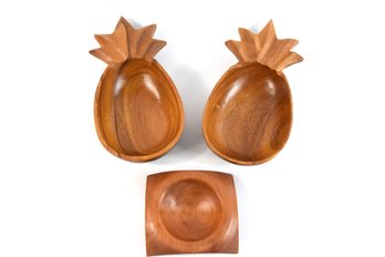 Alii Woods Honolulu Set Of 2 Vintage Carved Wooden Pineapple Bowls & Wood Carved Candy Dish - 3 Total