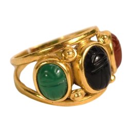 14K Gold 3 Stone Carved Jade Scarab Ring Size 5.75