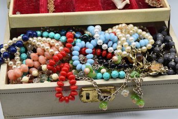 Jewelry Box Loaded With Costume Jewelry Faux Pearls Necklaces Earrings