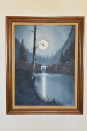 Full Moon Over Waterfall Painting In Natural Wood Frame Signed Veltri