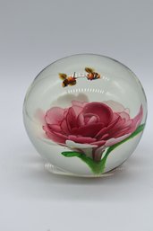 Gorgeous Pink Flower Paper Weight With 2 Honey Bees Art Glass